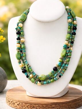 Jay King DTR Turquoise Pearl Onyx 3 Strand Necklace 16-18” 925 Boho Southwest